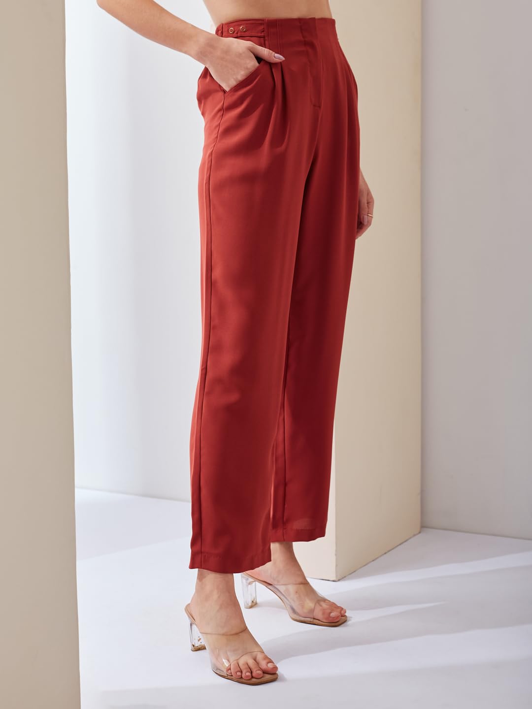 Latin Quarters Women Rust Solid High Rise Casual Straight Pant_L