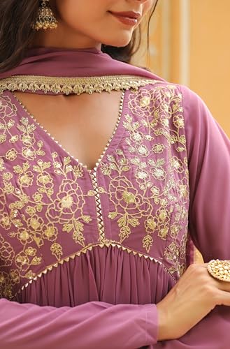 Janasya Lavender Yoke Embroidery Kurta with Palazzo & Dupatta For Women Georgette Fabric Latest Fashion