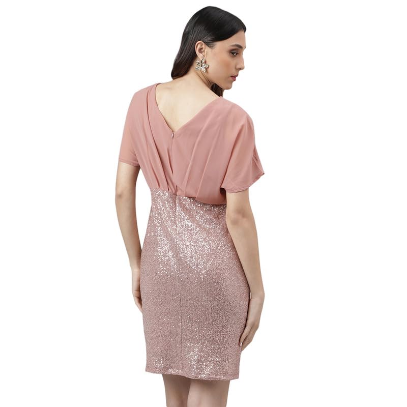 Latin Quarters Women's Pink Half Sleeves Embellished Short Dress_S