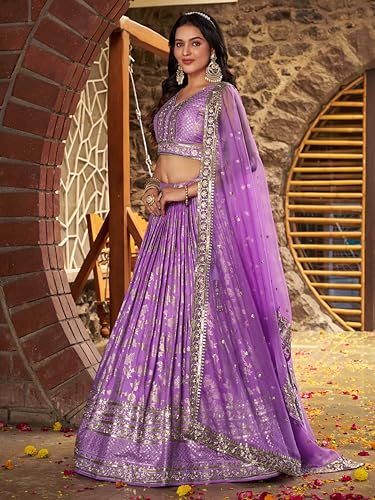 Zeel Clothing Women's Sequins Zari Embroidered Dola Silk Jacquard Lehenga Choli With Dupatta (7100-Women-Lehenga-Choli-Latest, Free size) (Lavender)