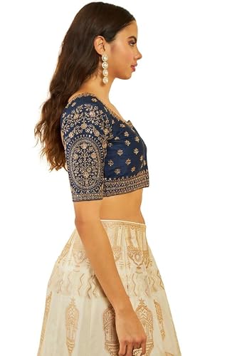 Soch Womens Navy Blue Tussar Embroidered Front-Open Blouse with Sequin Embellishments