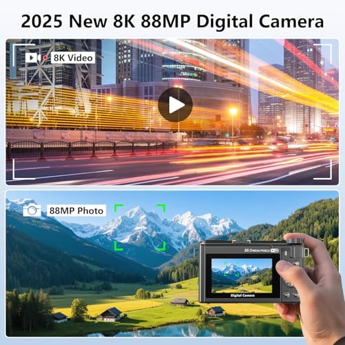 CAMKORY 8K Digital Camera, 88MP Vlogging Camera for YouTube/Photography with 3" 180° Flip Screen, Fill Light, WiFi, Filters, Beauty Features Includes 32GB SD Card & 2 Batteries, Matte Black