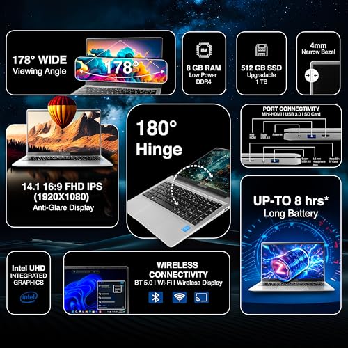 ULTIMUS APEX Laptop Intel Celeron Dual Core 8 GB LPDDR4 512 GB SSD Expandable~1TB 14.1 FHD IPS Laptop Anti-Glare Ultra Thin Bezel 180° Hinge 3.0x3 USB HDMI SD Card Slot Win 11 Home 1.25KG Silver