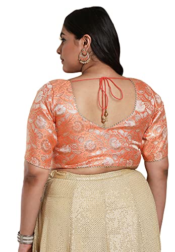 SALWAR STUDIO Women's Orange Brocade Readymade Saree Blouse-PLSSB00008-ORNG