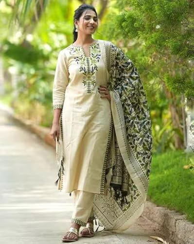 Kurthnic Women South Cotton Embroidered Kurta with Pant & Dupatta Green 4XL