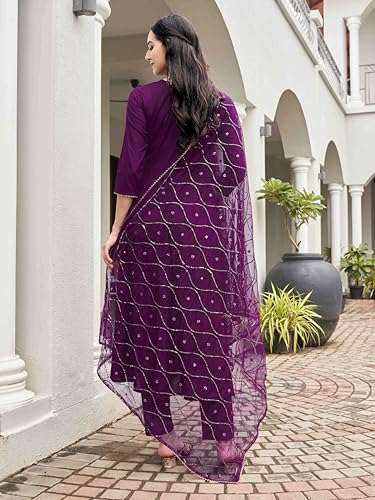 Womanista Women's Wine Color Pure Cotton Sequinns Embroidered Flared Kurta set(Kurtaset_1368_L)