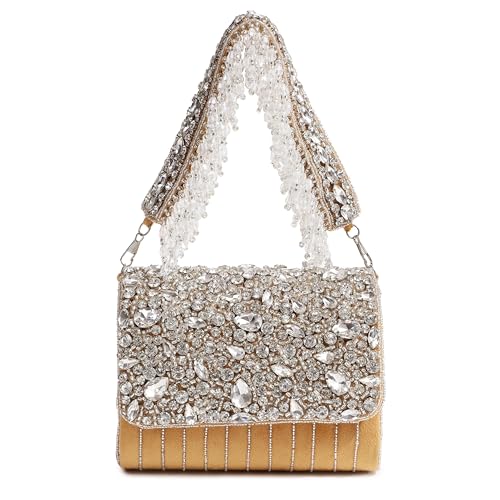THE TAN CLAN Grace Gold Flap Over Clutches for women Bag for Women– Elegant Evening Handbag, Stylish Purse, Perfect for Parties, and Special Occasions