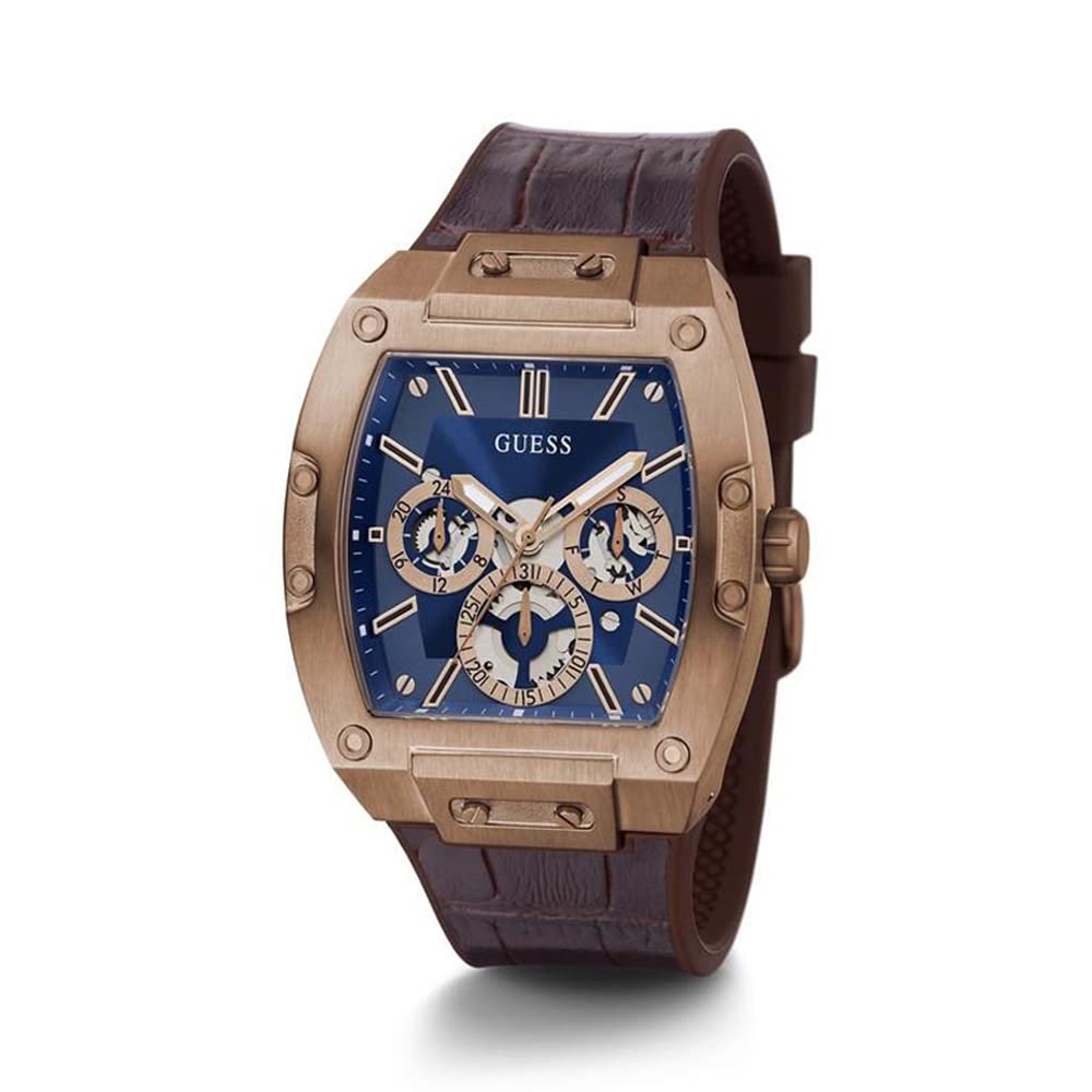 GUESS Chronograph Blue Dial Men's Watch-GW0202G2 Genuine Leather, Brown Strap