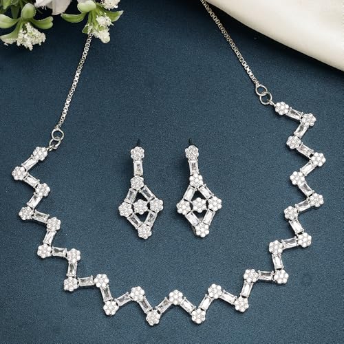 ZENEME Rhodium-Plated American Diamond Studded Trendy Necklace With Earrings Jewellery Set For Girls and Women (White)