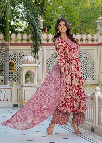 Yash Gallery Women's Polyester Calf Length Regular Fitted 3/4th Sleeve Floral Printed Anarkali Kurta with Zig-Zag Printed Pant & Dupatta (Maroon, 7XL)