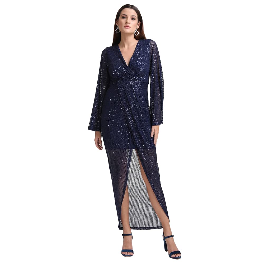 Kazo Abstract Blended V Neck Womens Maxi Dress (Navy Blue, Small)