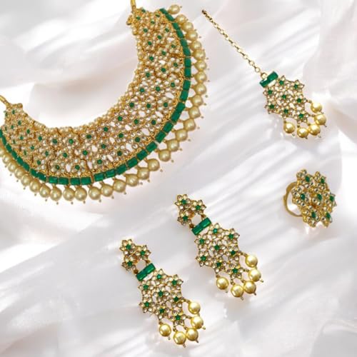 ACCESSHER Gold-Tone Choker - Pearls,Green-White Stone, With Maangtikka & Earrings With a Pair of Transparent Earring supporter sticker & Maangtikka Supporter Patch
