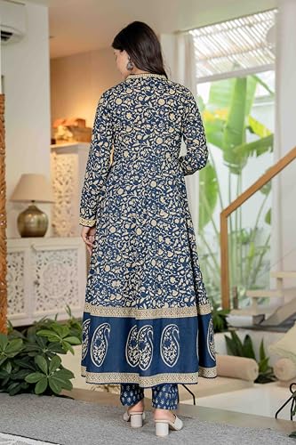 Pistaa's Women's Pure Cotton Anarkali Floral Printed Hand Work Kurta with Pant & Dupatta Set (Royal Midnight Blue, Large)