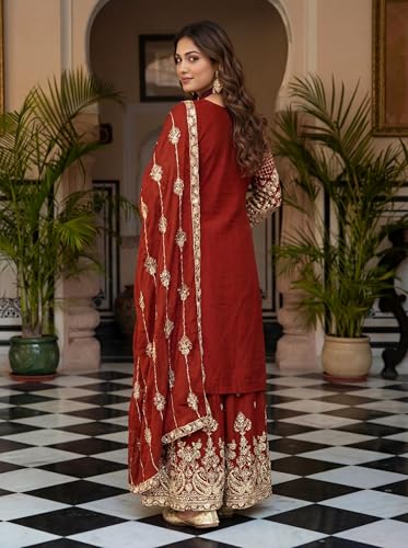 Leeli Peeri Designer Women's Chinon Silk Embroidery Kurta Sharara and Dupatta Set