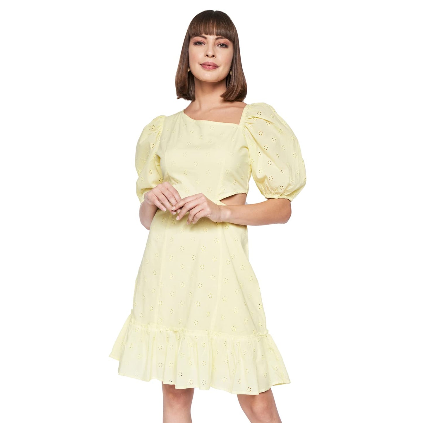 AND Women's Cotton A-Line Mini Dress (SS22AB044DRHB05_Yellow_12)