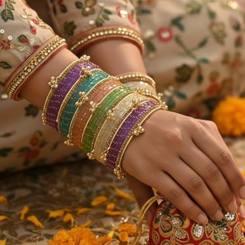 KAYASHA Multicolor-03 Kashmiri Ghangharoo Glass Bangle Set of 32 | Light Weight Traditional Transparent Fancy Chudi Set for Wedding, Party set of 32 (18 Glass + 14stone and Ghungroo Bangles)