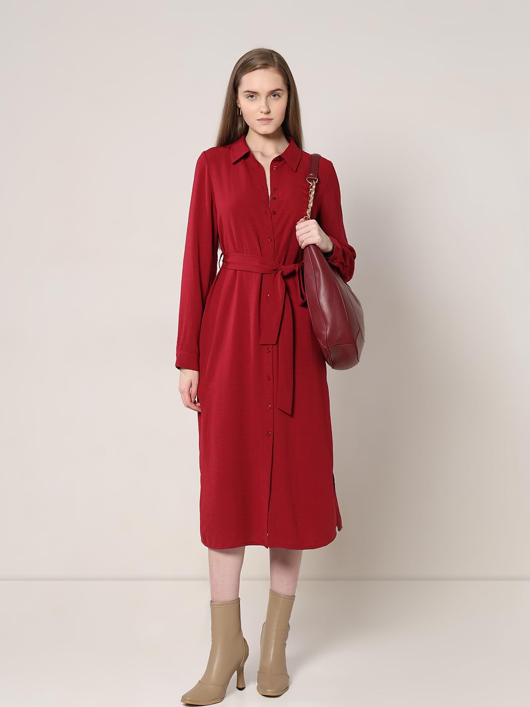 VERO MODA Women Solid Red Polyester Midi Length Shirt Dress