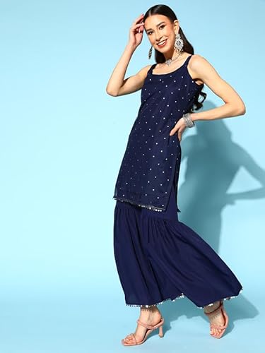 Embroidered Shoulder Straps Beads & Stones Straight Kurta With Sharara & Dupatta