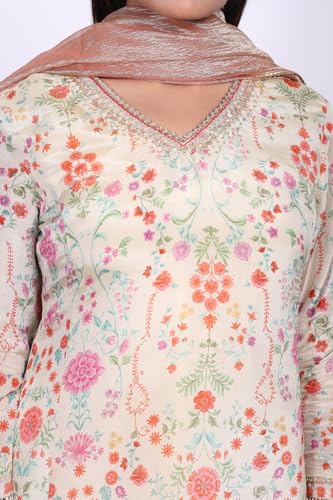 W for Woman Cream Floral Printed Tissue A Line Kurta with Straight Pant and Dupatta Set - (WS13090-126486-XS)
