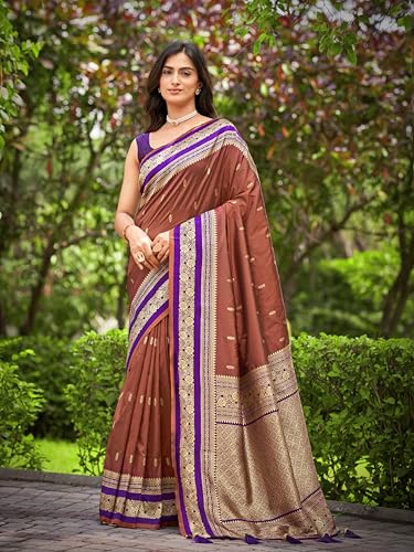 MANOHARI Women's Most Trendy Banarasi Satin Silk Woven Orange Brown & Purple Saree With Heavy Jacquard Work Saree With Blouse Piece_MN2058