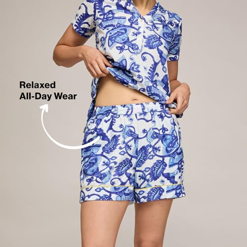 NYKD (NYS930 Printed Rayon Coords Night Suit for Women | Relaxed Fit V Neck Top with Non Slip Adjustable Waistband Shorts | Perfect for Sleep, Lounge & Everyday Wear - Blue
