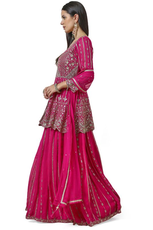 Soch Womens Fuchsia Georgette Embroidered Leaf Neck Padded Lehenga Choli