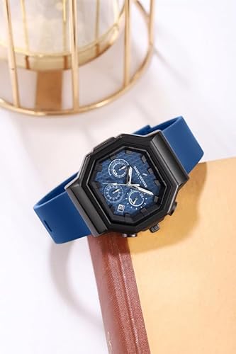 Daniel Hechter Paris Daumesnil Collection Analog Watch for Men Hexagonal Chronograph Watch Black Textured Dial, Multi-Function Display, Red Silicone Strap, Date Window Premium
