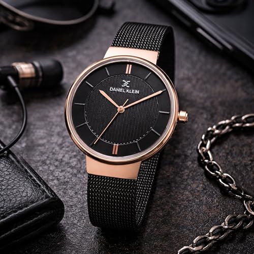 Daniel Klein Analog Black Round Dial Rose Gold Case Black Mesh Strap Water-Resistant Wrist Watch for Women Girls, Ladies DK11810-5