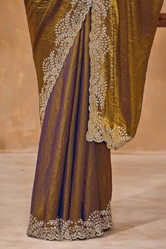 Soch Womens Olive Fendy Satin Embellished Saree With Stone Work