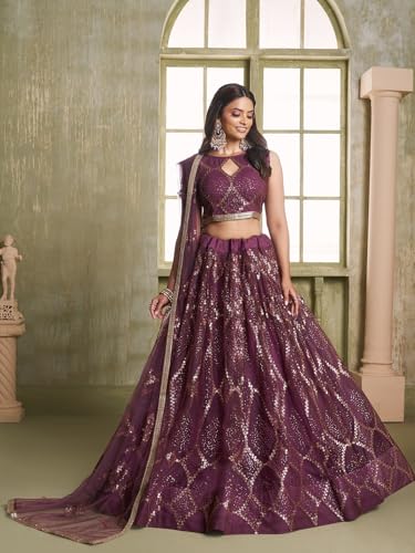 Zeel Clothing Women's Net Semi-Stitched Thread Sequins Work Embroideredry Soft Lehenga Choli with Dupatta (NFH-2206-Wine--Lehenga-Choli-Latest; Free Size)
