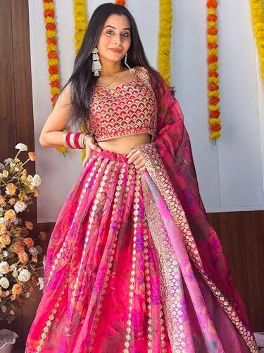 AG Clothing Women's Organza Semi Stitched Lehenga Choli With Dupatta | Floral Digital Print With Sequin Embroidery Pattern | Traditional, Wedding, Ethnic Wear Lehenga (ZC-7072-Pink)
