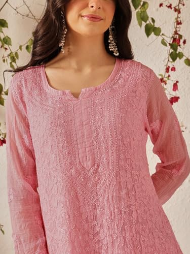 Ada Women's Hand Embroidered Chikankari Cotton Blend Kota Kurta Kurti with Slip A411213 Pink (S)