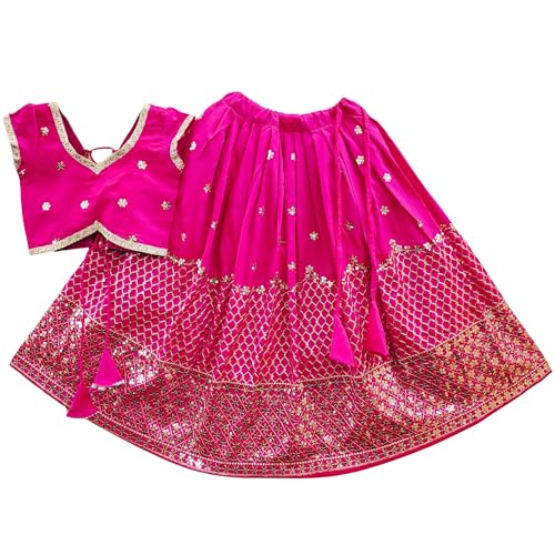 Helene Girls Taffeta Silk Embroidered Lehenga Choli South Indian Traditional Dress Kids Ethnic Wear Full Stitched Lehenga Choli Set (Pink, 7-8 Years)