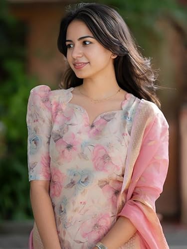 24 Carat Suit Women's Chanderi Stitched Printed Kurta Dupatta Set (2CKD4_Cream_M)