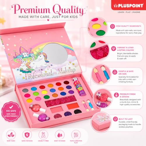 PLUSPOINT Unicorn Kids Makeup Kit for Girls | Pretend Play Beauty Set | Non-Toxic Washable Makeup Toy | Eyeshadow, Blush, Lip Gloss & Accessories | Birthday Gift for Girls Age 5+ Years
