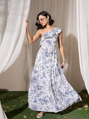 barcino Blue Floral Print One Shoulder Maxi Dress
