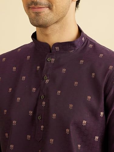 Manyavar Men's Art Silk Jacquard| Thread Work Short Kurta (Purple,XXXL)