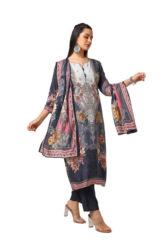 Soch Womens Charcoal Viscose Muslin Suit Set With Mirror Work