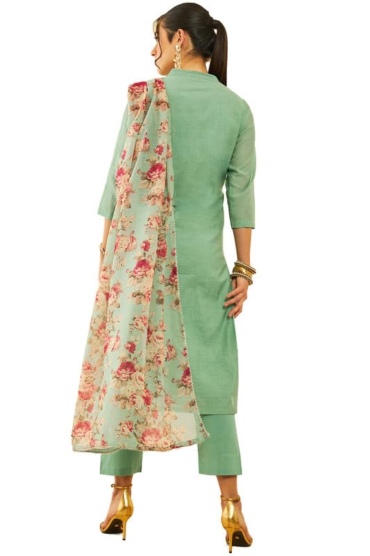 Soch Womens Sea Green Chanderi Chikankari Embroidered Suit Set With Sequins