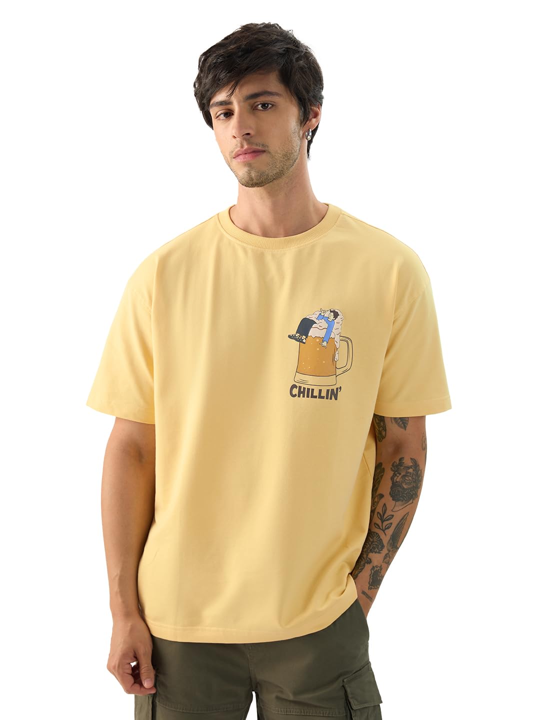 The Souled Store Explore The Unseen Men and Boys Short Sleeve Round Neck Green Embroided Cotton Oversized T-Shirts