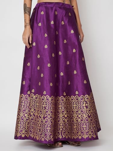 studio rasa Women's Dupion Hand Block Printed Bias Skirt for Wedding Festive Party (SKTC52403M_Purple_Medium)