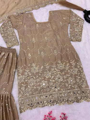 SAMUYA Embroidered Sharara Set, Beige, Net Fabric, Sequin Work, 3-Piece Suit with Dupatta (IN, Alpha, 2XL, Regular)