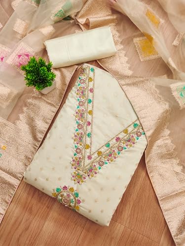 Leeli Peeri Designer Women's Chanderi Jacquard Embroidery Work Unstitched Salwar Suit Dress Material