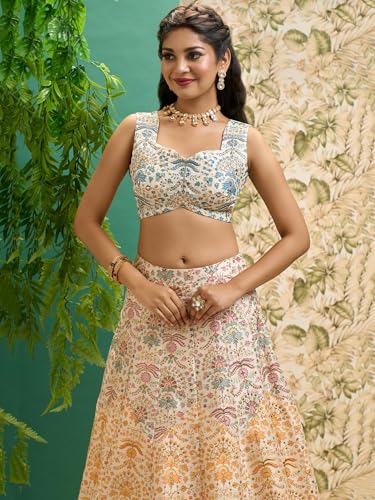 Zeel Clothing Women's Zari And Digital Print Work Art Silk Semi Stitched Lehenga Choli With Dupatta (5073-Multi-Womens-Lehenga-Choli-Latest; Free Size)
