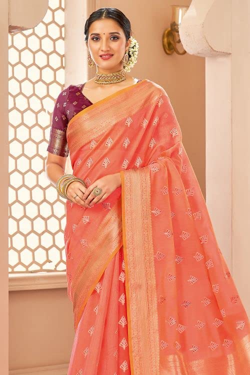 KARAGIRI Womens Banarasi Silk Peach Saree With Blouse Piece