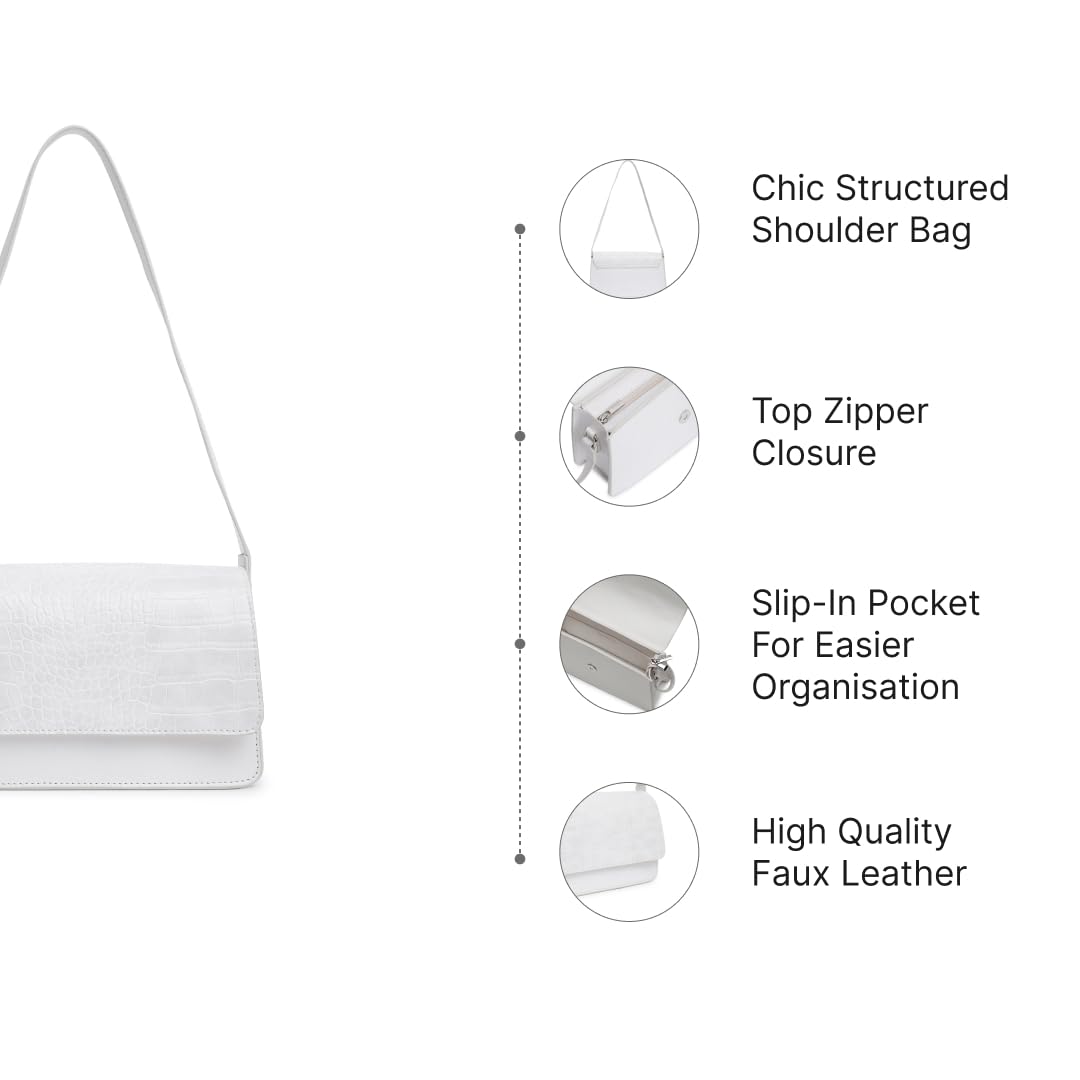 Fastrack Structured Shoulder Bag for Women | Trendy Shoulder Bag for Girls, Ladies, Women | Chic Textured Bag Made of Faux Leather (White)