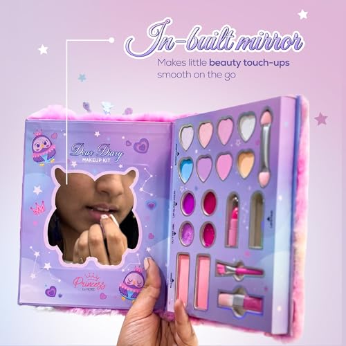 Princess by RENEE Dear Diary Makeup Kit For Kids & Preteens | With 8 Eyeshadows, 2 Blushers, 2 Lipsticks, 2 Lip Gloss Solid, 2 Glitter Gels, 3 Brushes | Dermatologically Tested, Easy To Wash | 1 Unit