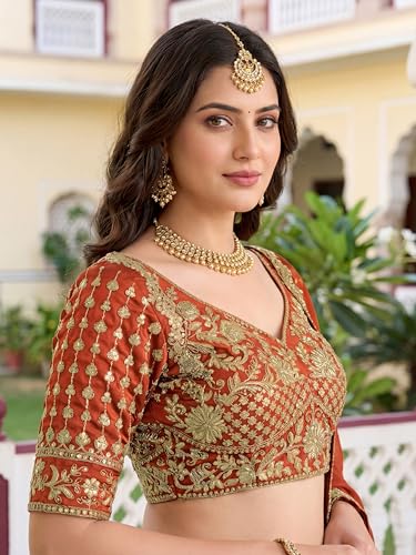 Zeel Clothing Women's Thread and Sequins Embroidered Work Silk Lehenga Choli With Dupatta (5135-Orange-Women-Lehenga-Choli-Latest; Free size) (Orange)