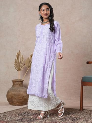 Ada Hand Embroidered Lucknowi Chikankari Cotton Straight Kurta Kurti for Women A411677 Lavender (M)