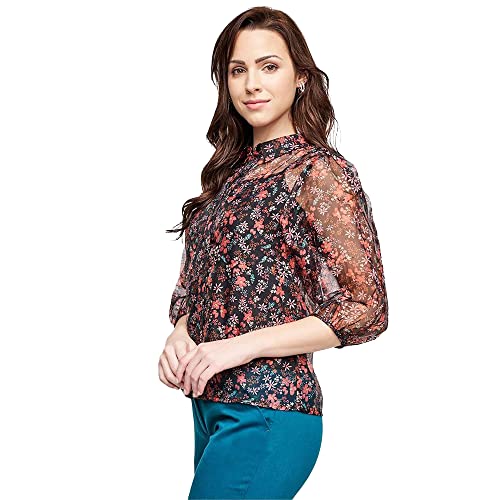 AND Floral Polyester Round Neck Womens Top (Black, 10)